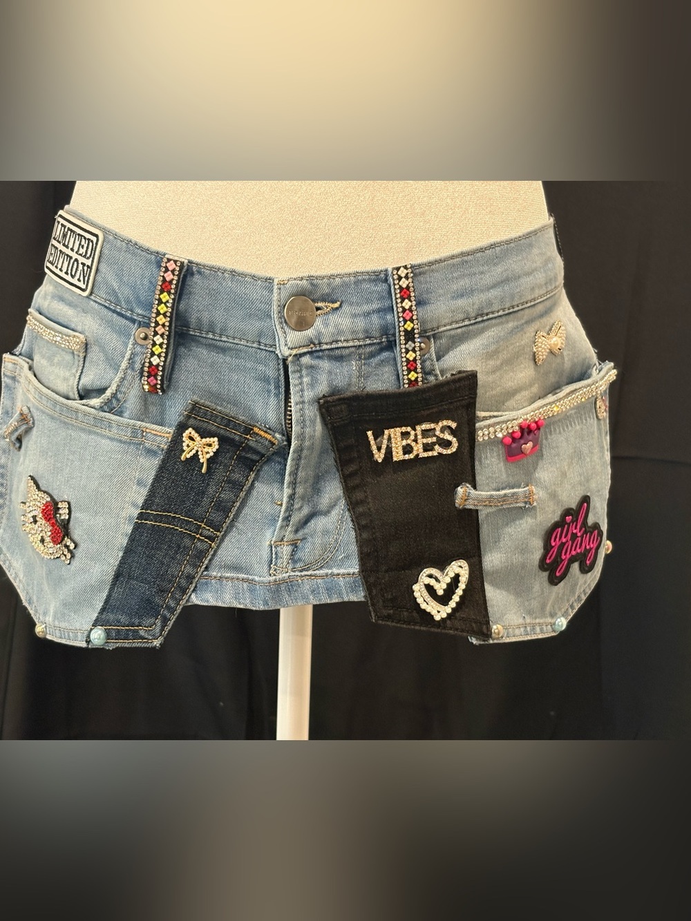 Denim Mini Skirt with Embellished Patches and Rhinestones - Light Blue